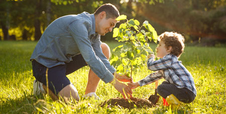 A man and a child planting a tree.